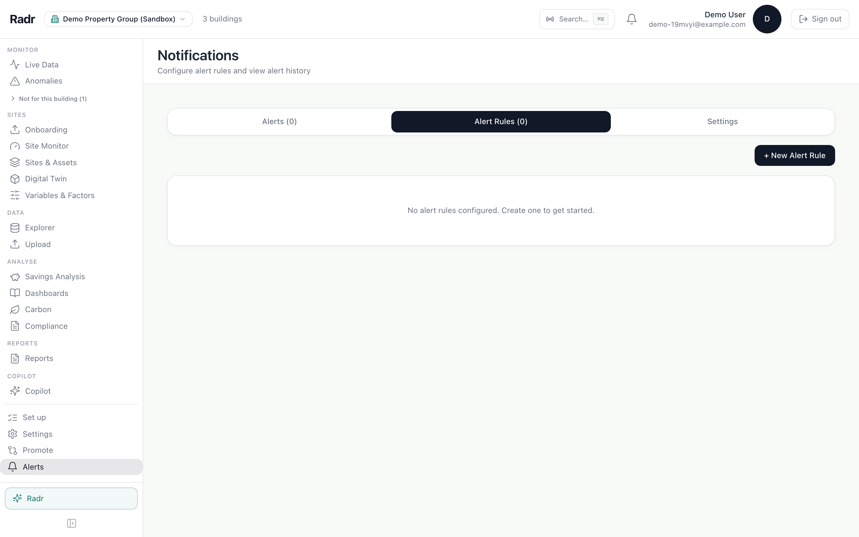 The Alert Rules tab, with a New Alert Rule button and the rules listed below.