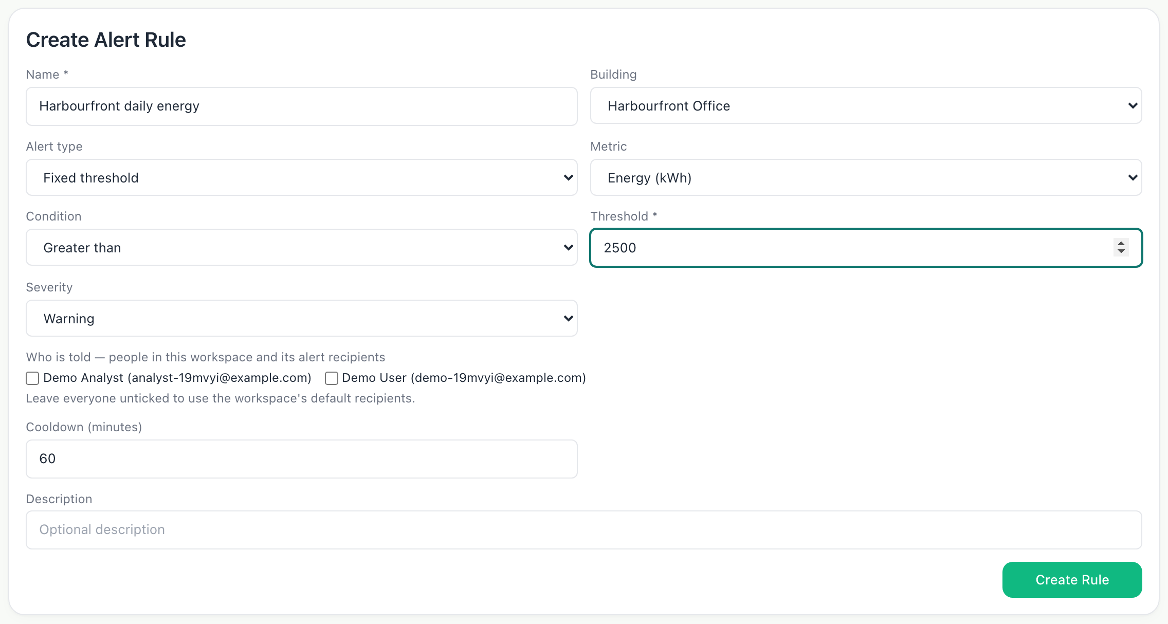 The Create Alert Rule form: a fixed-level rule on Harbourfront Office’s energy, severity Warning, with the demo user ticked as a recipient.