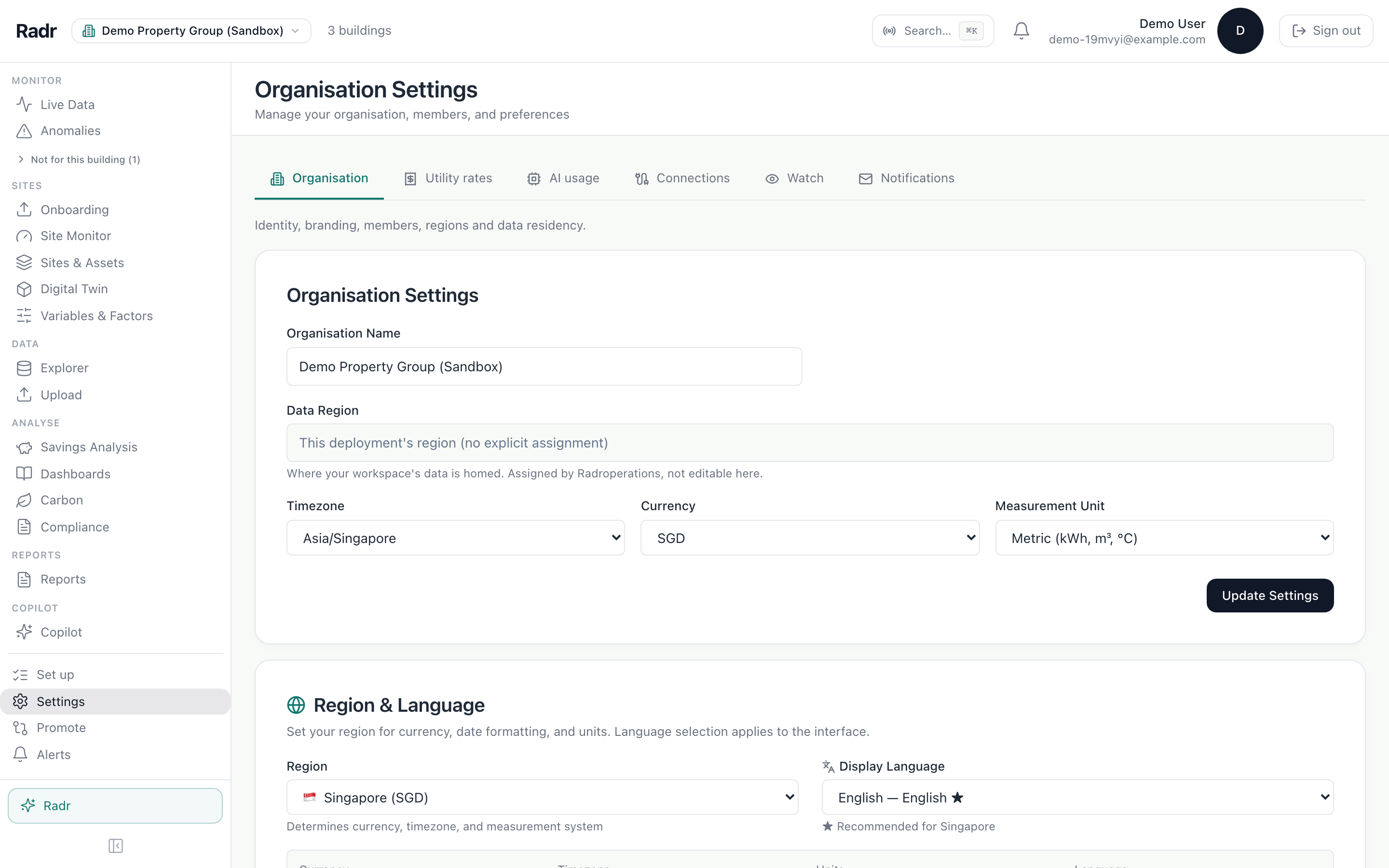 Organisation Settings, with its tabs across the top and the organisation’s details below.