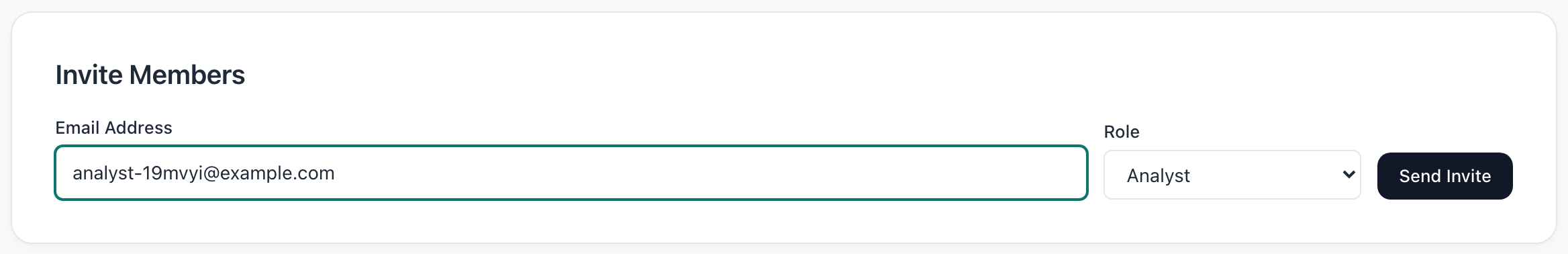 The Invite Members card with an example.com address entered and the Analyst role chosen.