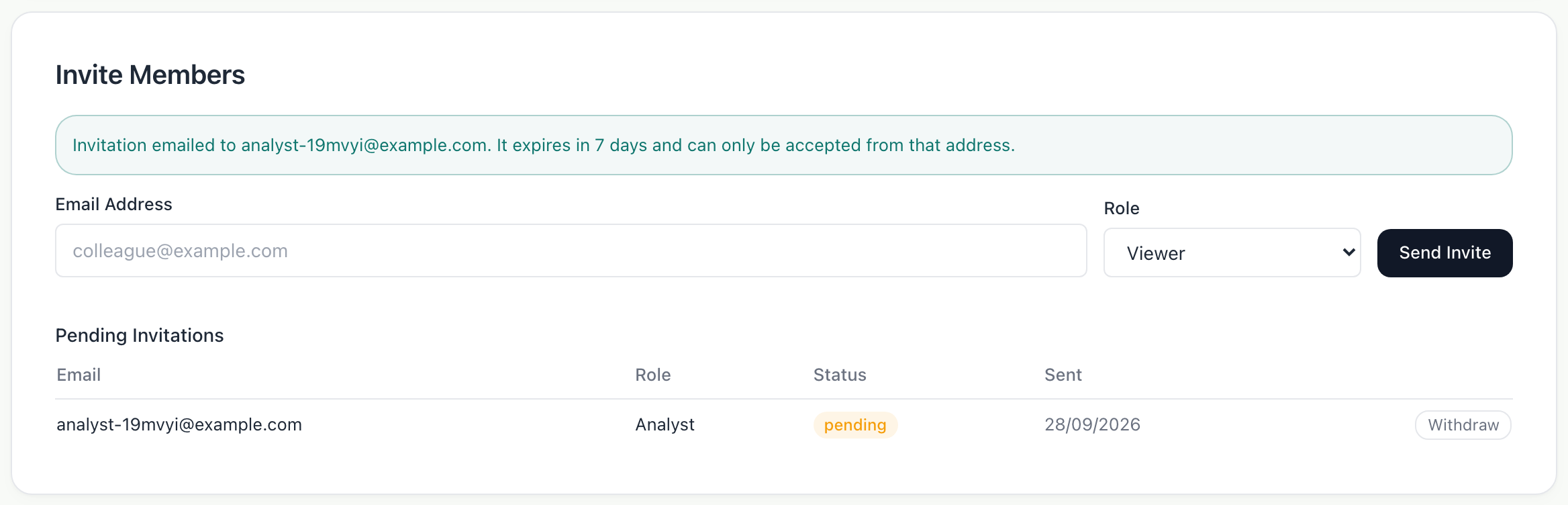 A confirmation that the invitation was emailed and expires in seven days, above the list of pending invitations.